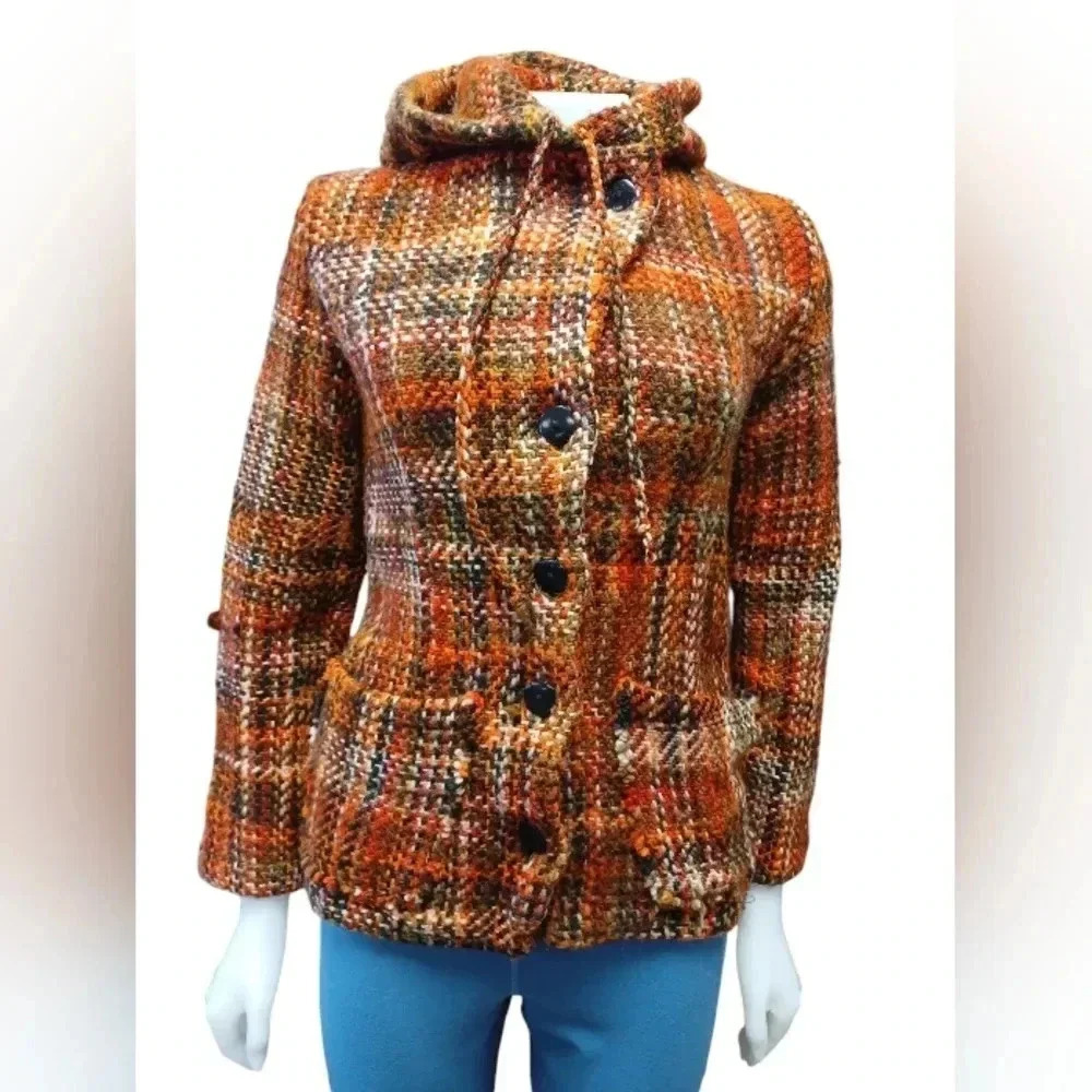 World Folk Art Wool LS Hooded Coat Red, Black And Orange Size  Small